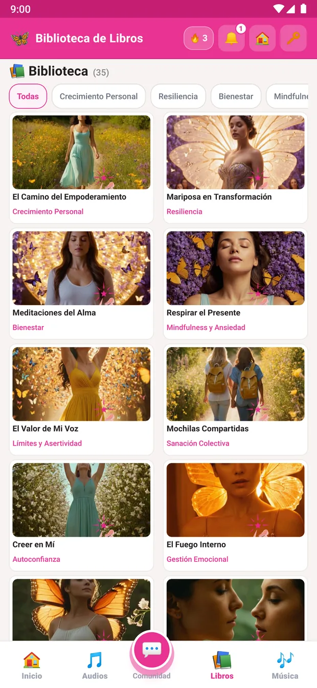 Biblioteca de libros con portadas y categorías dentro de la app