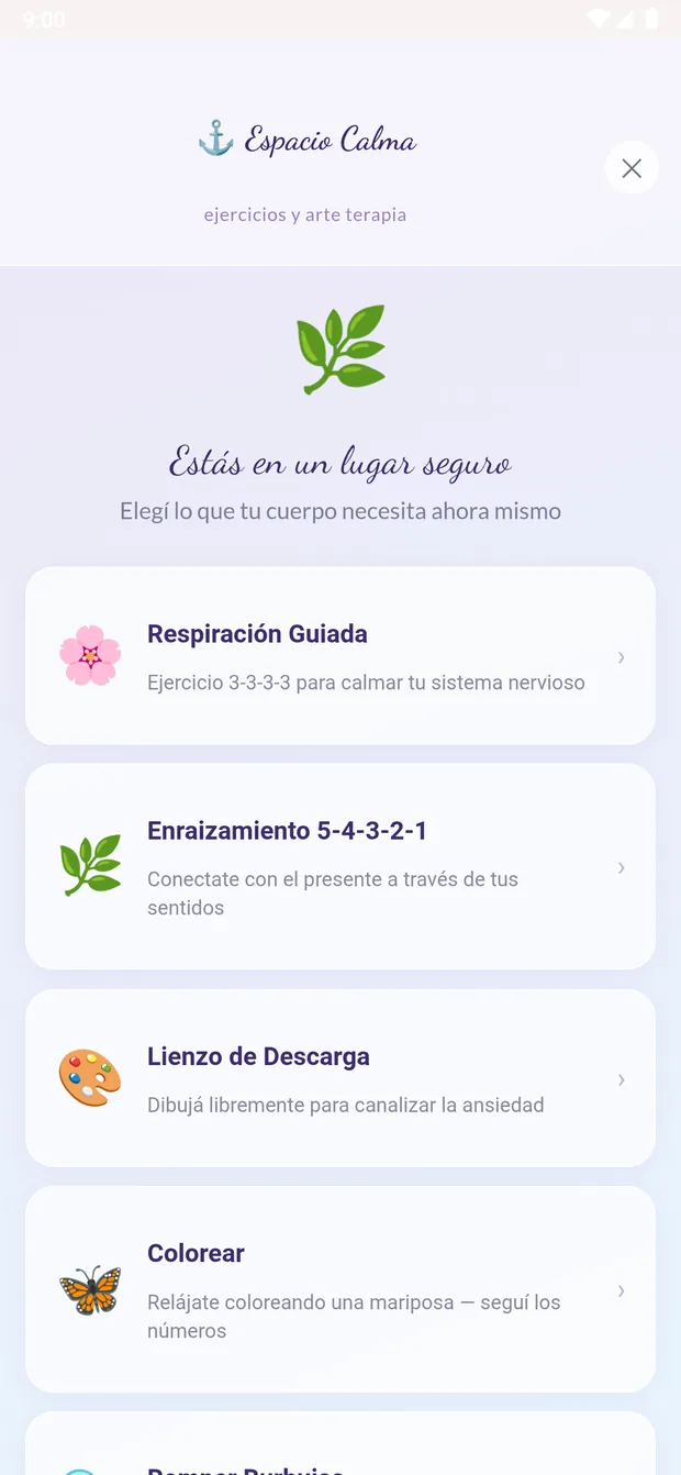 Sección Espacio Calma con ejercicios de respiración y arte terapia