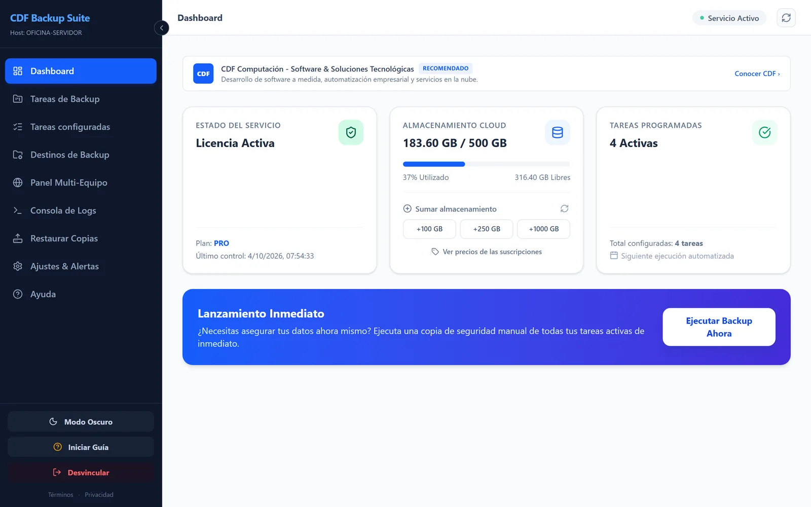 Panel de CDF Backup Suite, uno de nuestros programas de escritorio