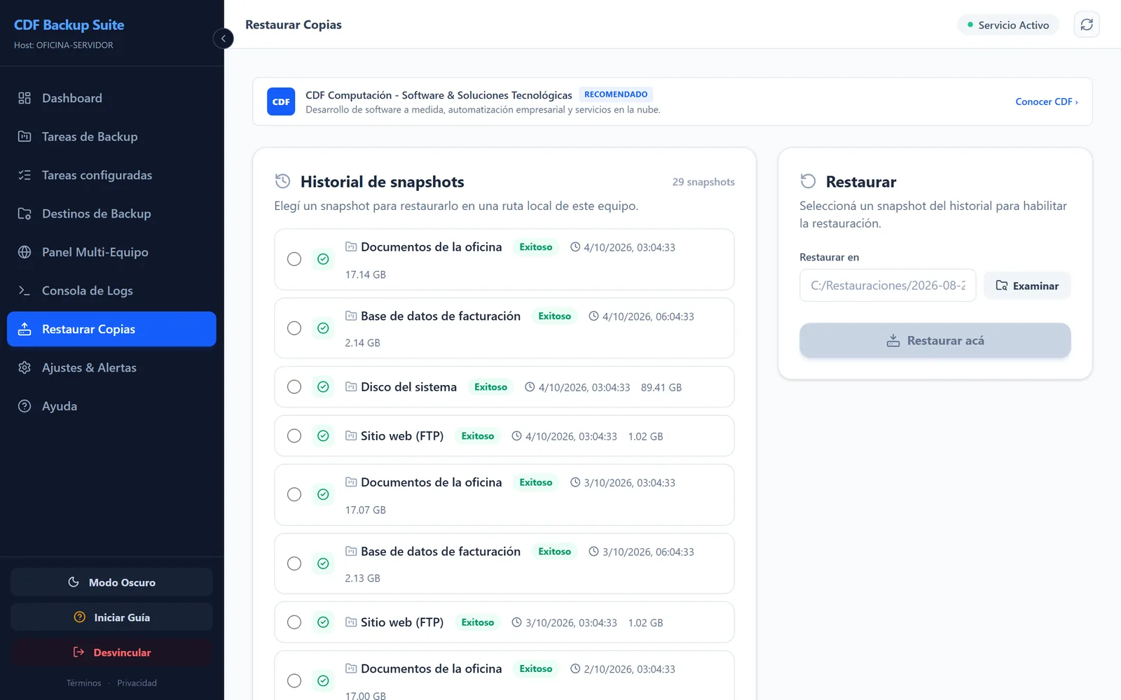 Historial de snapshots verificados y selector de carpeta para restaurar una copia