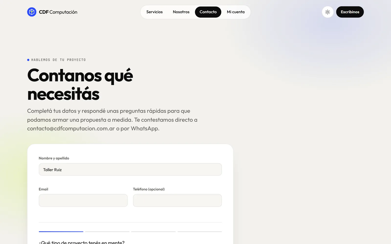 Formulario de contacto con encuesta guiada del sitio de CDF Computación