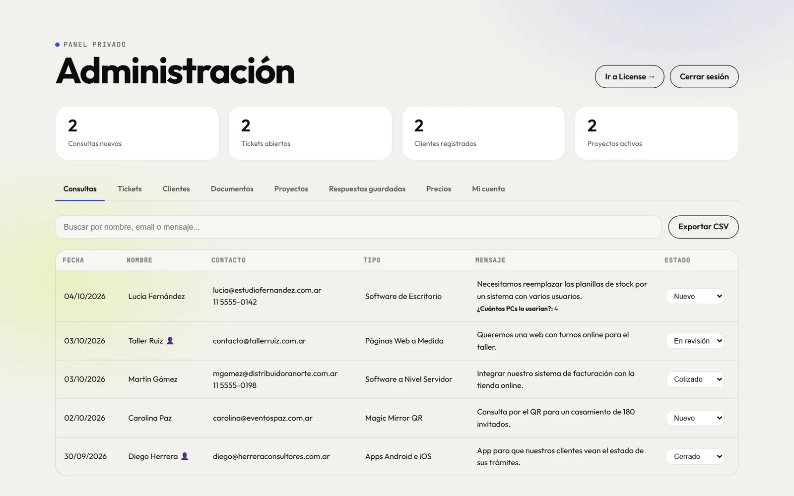 Panel de administración web con consultas, tickets y proyectos, respaldado por una API propia en el servidor