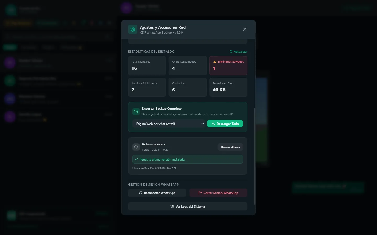 Panel de ajustes con estadísticas del respaldo, exportación completa a ZIP y verificación de actualizaciones
