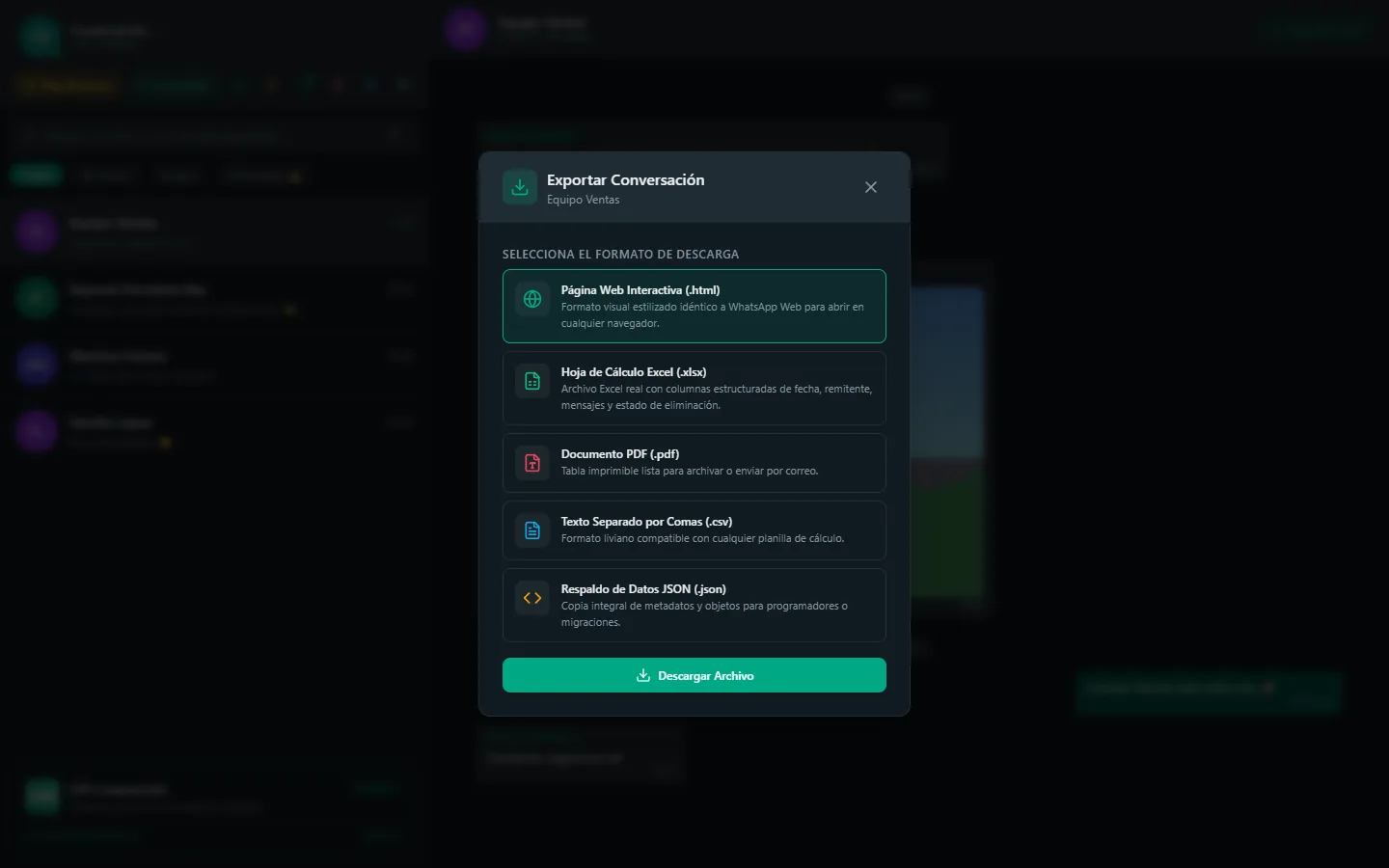Modal de exportación de una conversación a HTML interactivo, Excel, PDF, CSV o JSON